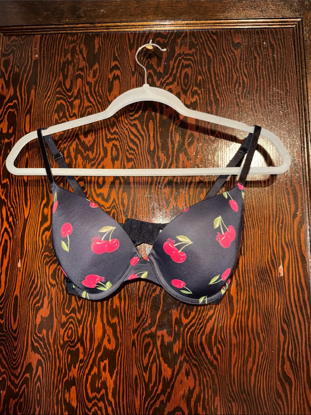 PINK Victoria's Secret Black Bra with Pink Cherry Print